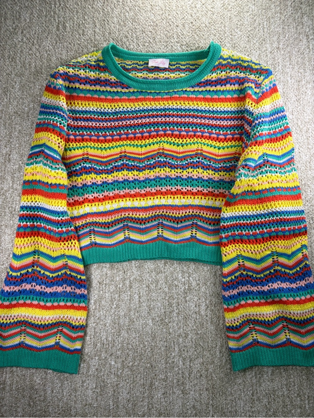 Pink Lily Rainbow Open-Knit Cropped Sweater with Teal Trim